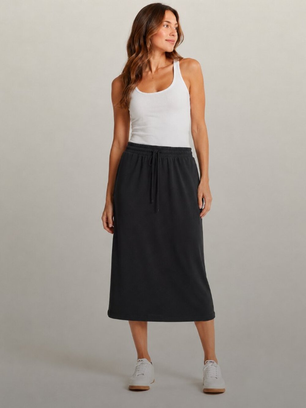 Aerie Black Drawstring Jersey Midi Skirt Casual Lounge Athleisure Size M